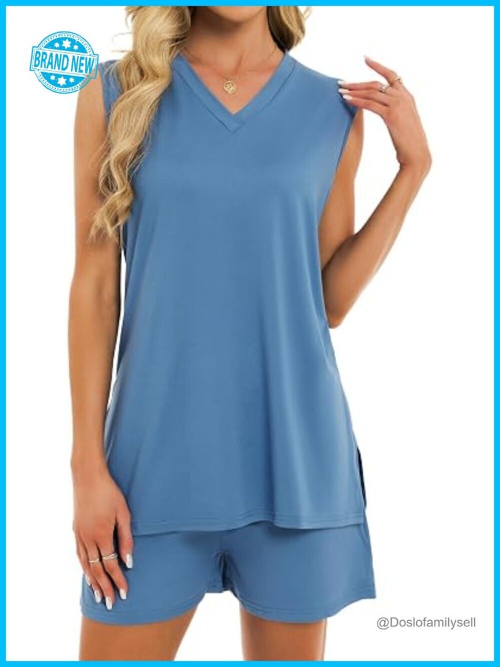 2 Piece Short Set V Neck Tank Top and Shorts with Pockets Lounge Vacation